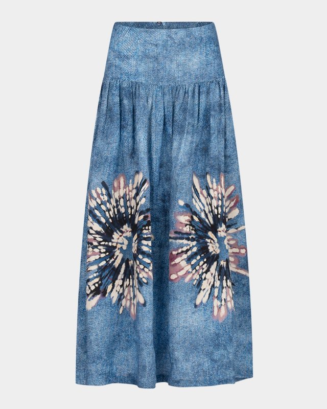 Abla Flower-Print Linen Drop-Waist Maxi Skirt